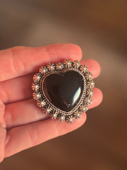 Apache Sterling Silver and Black Onyx Heart Rings by Rosella Paxson, Size 8.5 & 10
