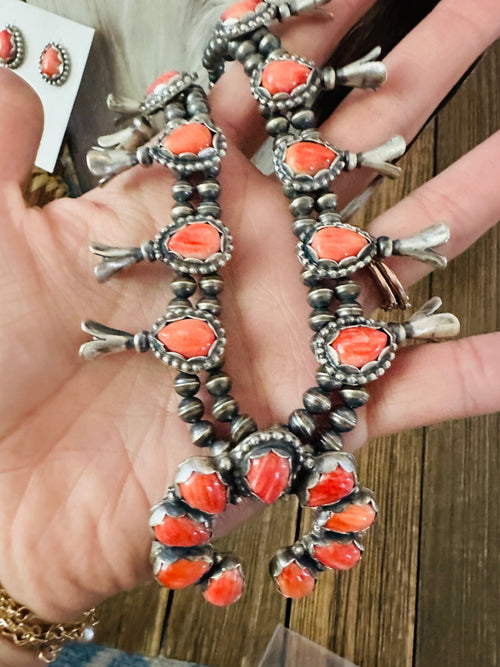 Handcrafted Sterling Silver & Spiny Oyster Squash Blossom Necklace Set