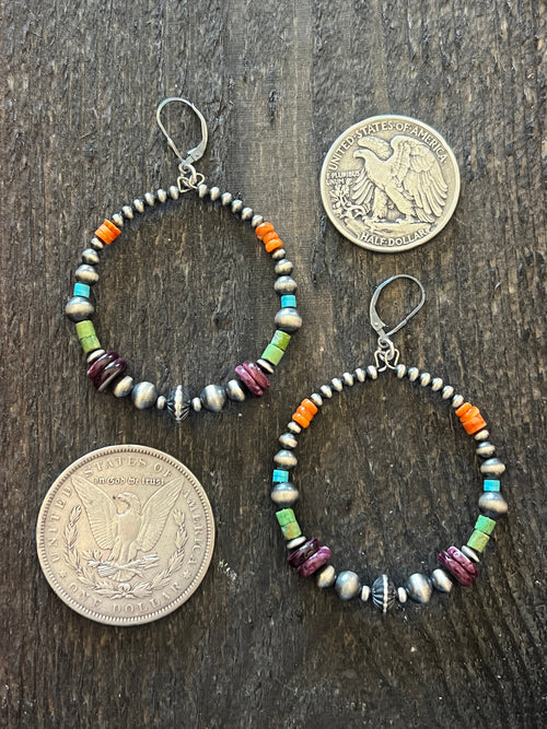 Navajo Made Electric Rainbow 2 Inch Sterling Silver, Turquoise & Spiny Oyster Beaded Hoop Earrings, Leverback