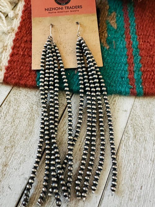 Navajo Sterling Silver Pearl Beaded Tassel Dangle Earrings