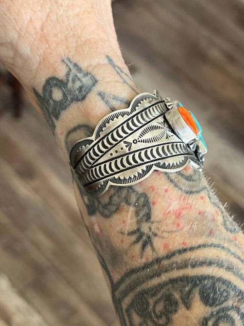 Navajo Sterling Silver, Kingman Turquoise and Spiny Oyster Santa Fe Cross Cuff Bracelet by Murphy Platero