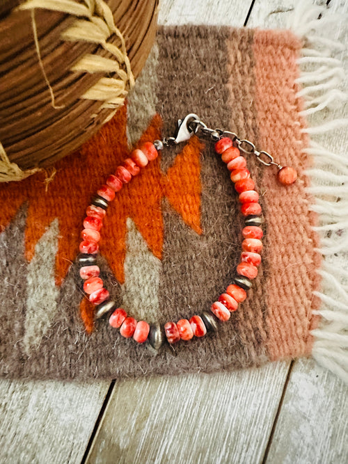 Navajo Orange Spiny & Sterling Silver Beaded Bracelet