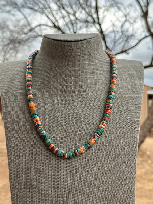 Navajo Kingman Turquoise & Spiny Sterling Silver 8mm Beaded Necklace