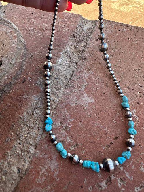 Navajo Kingman Dance Turquoise & Sterling Silver 3mm-8mm Beaded Necklace
