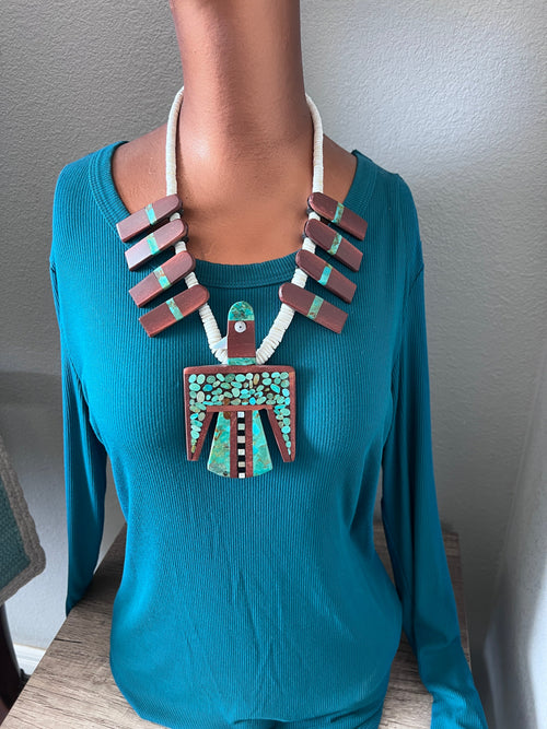 Warren Nieto Inlay Kingman Turquoise and Pipestone Thunderbird Tab Necklace & Earrings Set