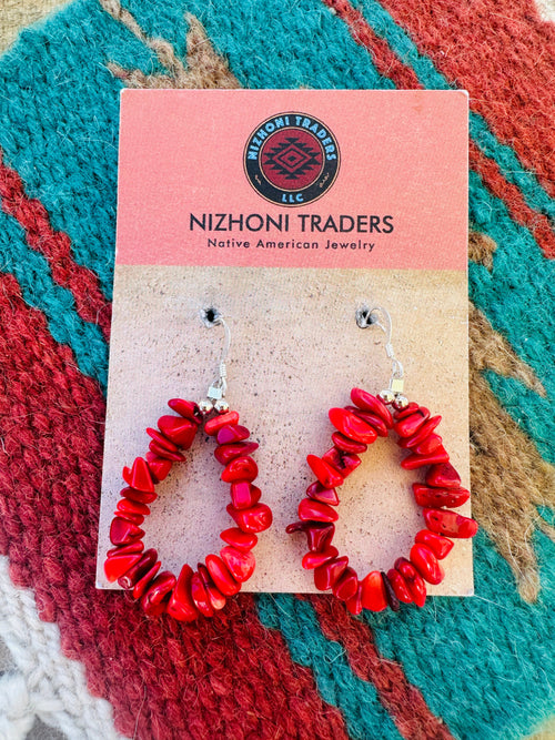 Navajo Sterling Silver Apple Coral Beaded Dangle Earrings