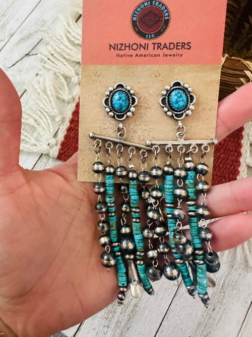 Navajo Turquoise & Sterling Silver Pearl Beaded Tassel Dangle Earrings