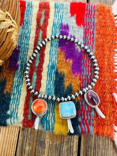 Handcrafted 3mm Sterling Silver Pearl, Turquoise & Spiny Oyster Blossom Stretch Bracelet