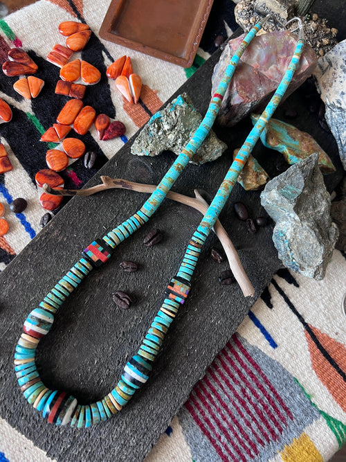 Ronald Chavez Handcrafted Turquoise Heishi Beaded Santo Domingo Necklace with Layered Bead Accents