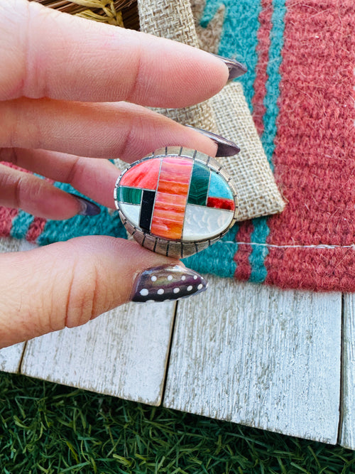 Old Pawn Handcrafted Multi Stone & Sterling Silver Inlay Ring Size 13