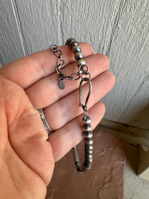 Handmade Hand Stamped Beaded Sterling Silver Necklace 16” With 2” Extender