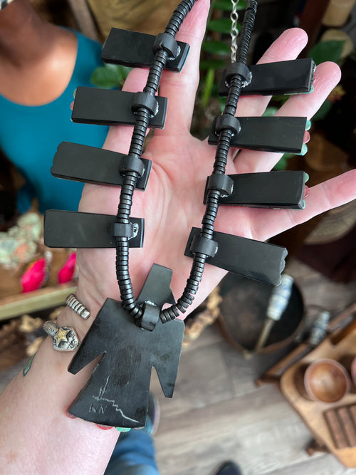 Handcrafted Inlay Turquoise and Apple Coral Thunderbird Tab Necklace & Earrings Set by Warren Nieto