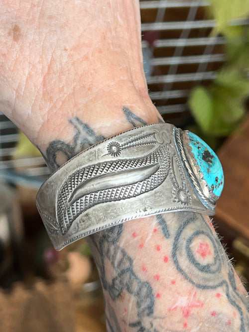 Hand Forged Old Pawn Sterling Silver Ingot Cuff Bracelet w/ Turquoise by Santa Fe Artist, Buffalo: The Spurs