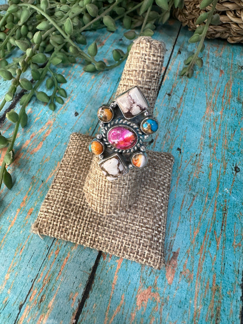 Beautiful Handmade Pink Dream Mojave, Wild Horse, Spice And Sterling Silver Adjustable Cluster Ring