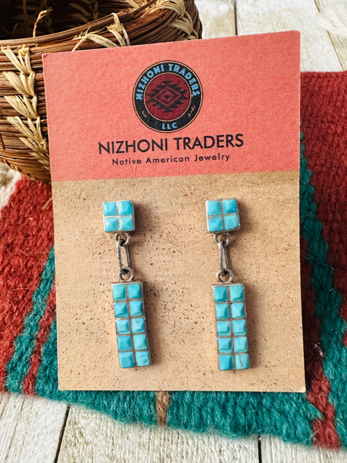 Old Pawn Handcrafted Turquoise & Sterling Silver Inlay Dangle Earrings