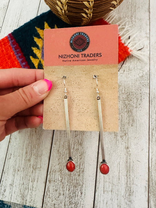 Navajo Sterling Silver & Coral Drop Dangle Earrings