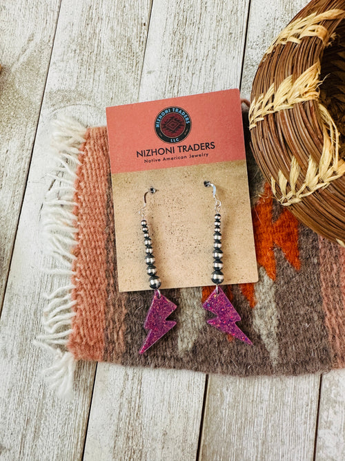 Summer Lovin’ Navajo Sterling Silver Pearl Beaded Fire Opal Lightning Bolt Dangle Earrings