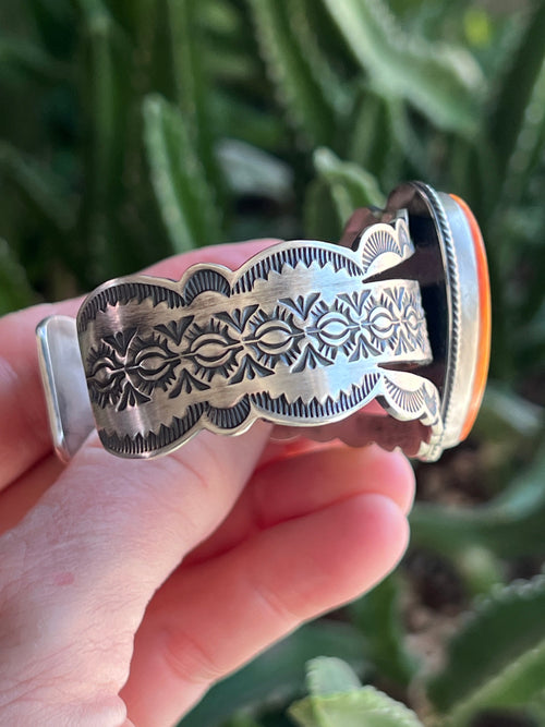 Navajo Sterling Silver and Orange Spiny Oyster Shell Heart Cuff Bracelet by Murphy Platero