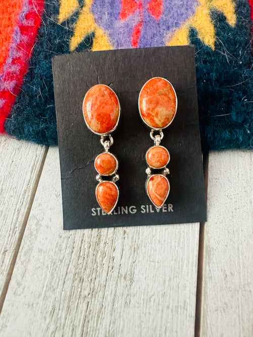 Navajo Sterling Silver Apple Coral Dangle Earrings