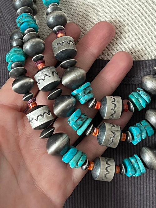 Navajo Sterling Silver, Kingman Turquoise and Spiny Oyster Shell Handcrafted Beaded Necklace by Rose Martin, 24 + 1-1/2 inches
