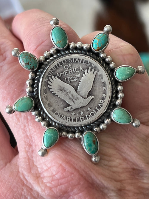 Rosella Paxson Sterling Silver, Liberty Quarter and Hubei Turquoise Cluster Ring, Size 7.25