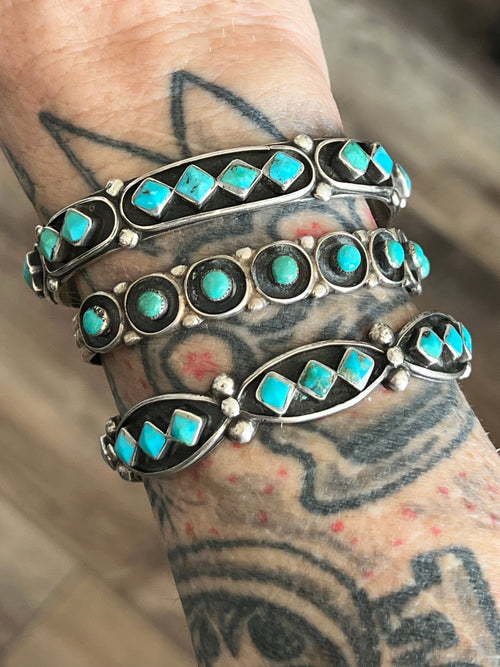 Vintage Zuni Sterling Silver and Three Diamond Turquoise Panel Stacker Cuff Bracelet