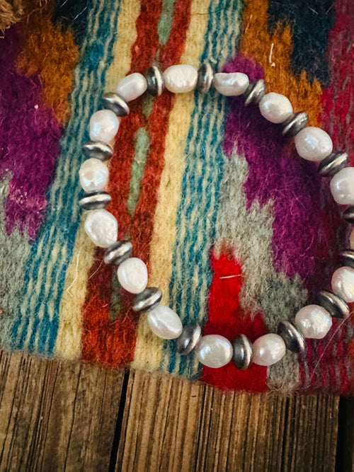 Handcrafted Freshwater Pearl & Sterling Silver Pearl Beaded Stretch Bracelet