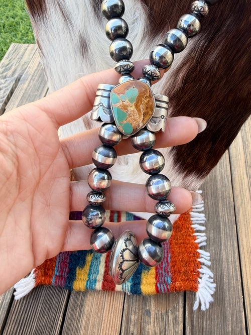 Handcrafted Turquoise & Sterling Silver Beaded Double Sided Jacla Necklace