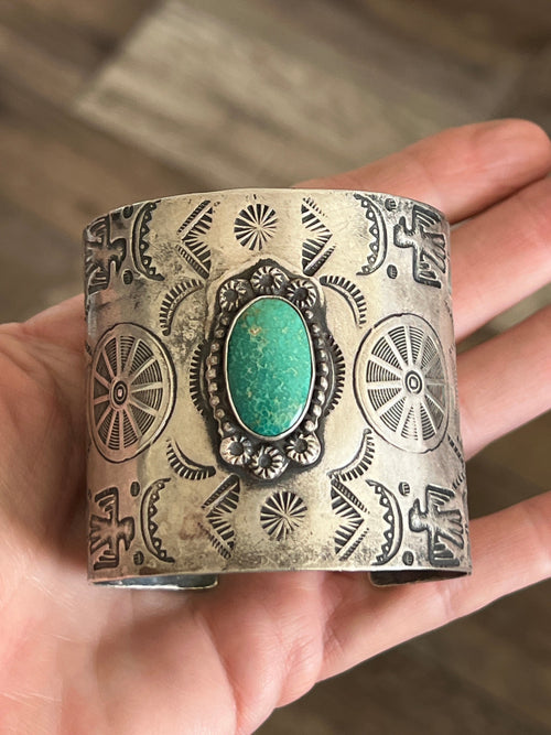 Vintage Fred Harvey Era Symbolic Collage Sterling Silver Cuff Bracelet