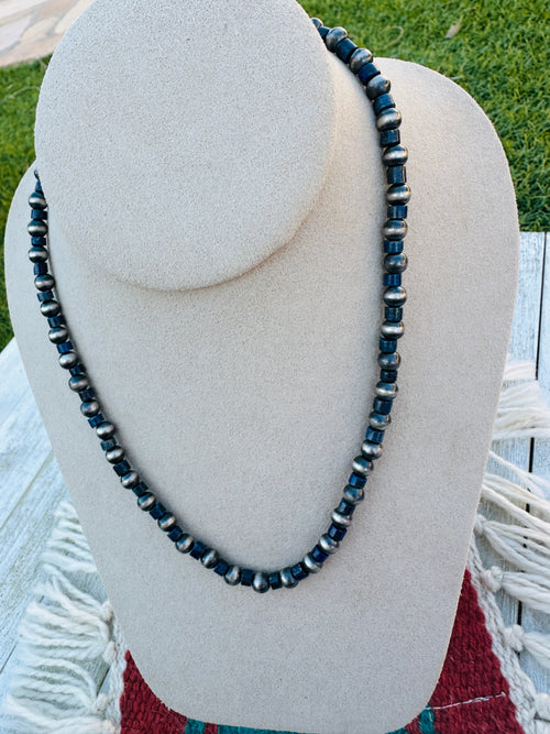 Sterling Silver Pearl & Lapis 18” Beaded Necklace