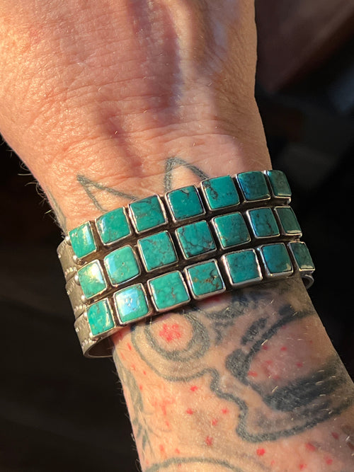 Vintage Sterling Silver and Turquoise Triple Row Square Stone Cuff