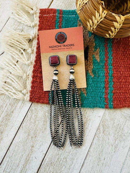 Navajo Purple Spiny & Sterling Silver Pearl Beaded Tassel Dangle Earrings by Emerson Thompson