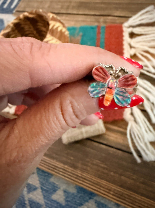 Old Pawn Handcrafted Spiny Oyster, Opal & Sterling Silver Butterfly Ring Size 5.75