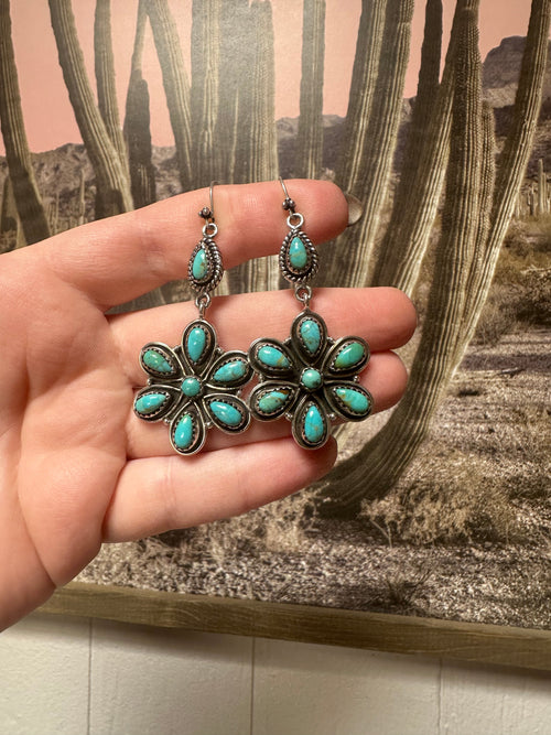 Handmade Turquoise And Sterling Silver Flower Dangle Earrings