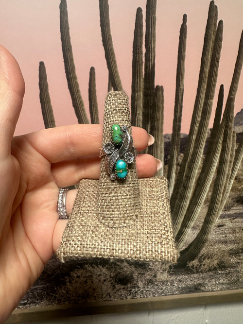 Beautiful Handmade Sonoran Turquoise And Sterling Silver Adjustable 2 Stone Flower Leaf Ring