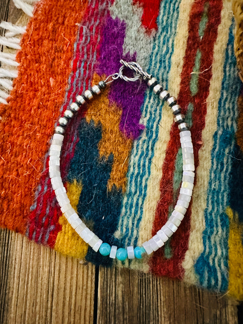 Handcrafted Turquoise, Mother of Pearl & Sterling Silver Pearl Beaded Bracelet