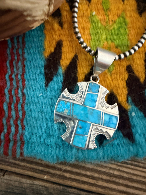 Old Pawn Handcrafted Inlay Turquoise & Sterling Silver Cross Pendant