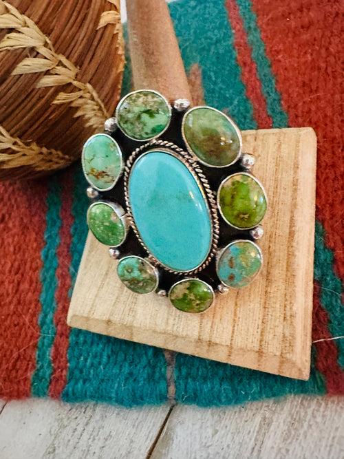 Navajo Sterling Silver & Multi Turquoise Cluster Adjustable Ring