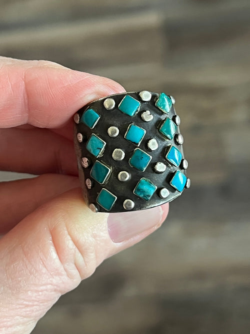 Old Pawn Sterling Silver and Diamond Turquoise Snake Eye Cigar Band Style Ring, Size 10.5