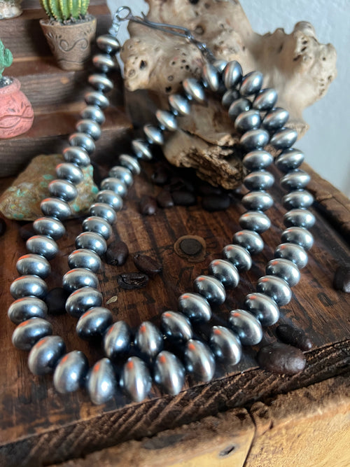 Vinita Cowboy Handcrafted 11.5mm Sterling Silver Saucer Pearl Beaded Necklace, Multiple Lengths