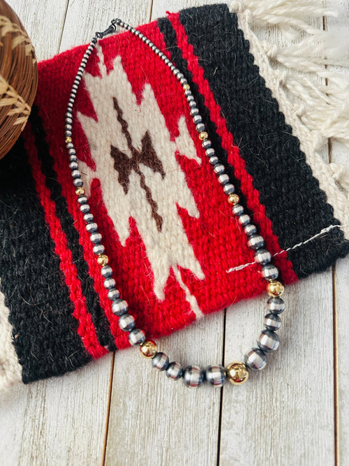 Navajo Sterling Silver & Gold Beaded 18” Necklace