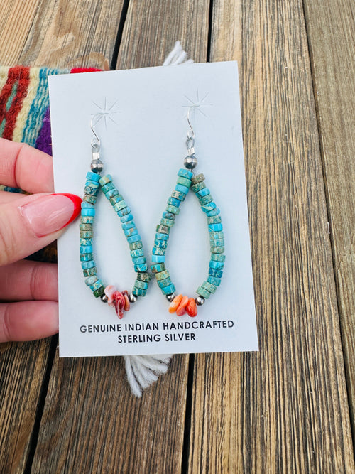 Handcrafted Turquoise, Orange Spiny & Sterling Silver Beaded Dangle Hoop Earrings