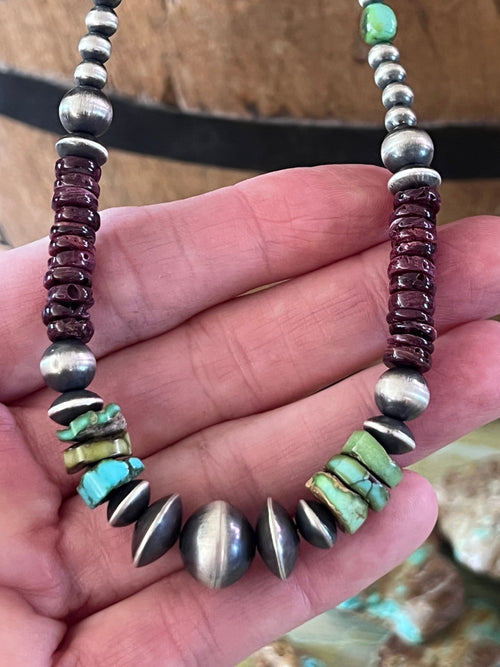 Navajo Electric Rainbow Sterling Silver, Turquoise and Purple Spiny Oyster Single Strand Beaded Necklace by Rose Martin, 16 + 2 Inches