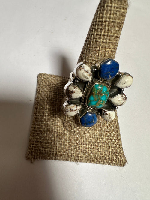 Beautiful Handmade Sonoran Mountain Turquoise, Wild Horse, Lapis And Sterling Silver Adjustable Ring