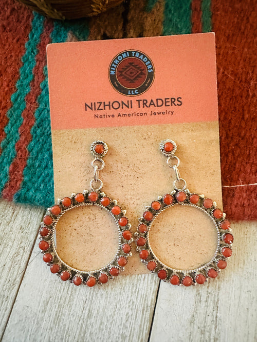 Zuni Sterling Silver & Coral Petit Point Dangle Earrings