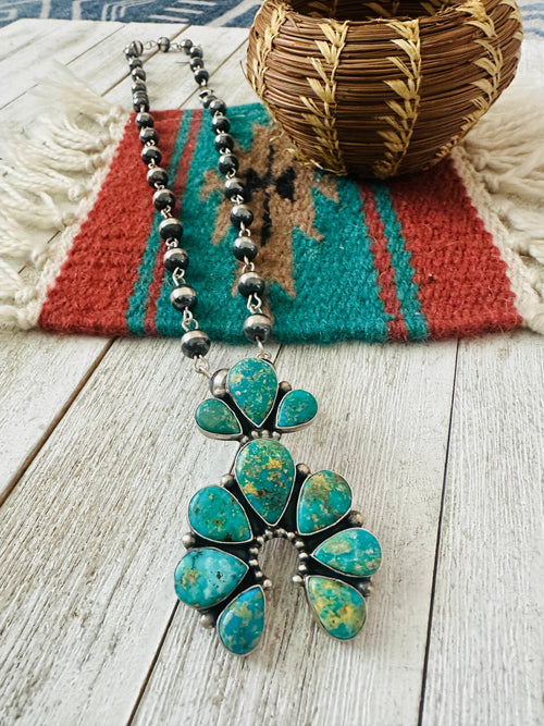 Navajo Sterling Silver & Sonoran Gold Turquoise Beaded Naja Necklace Signed