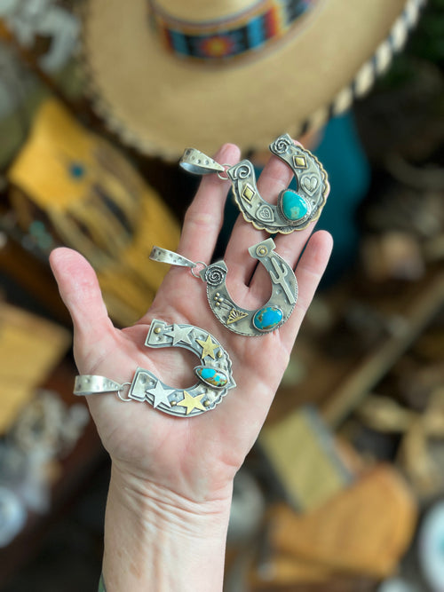 Kimari Somers Hand Stamped Sterling Silver Heart Motif Horseshoe Pendant with Brass & Royston Turquoise