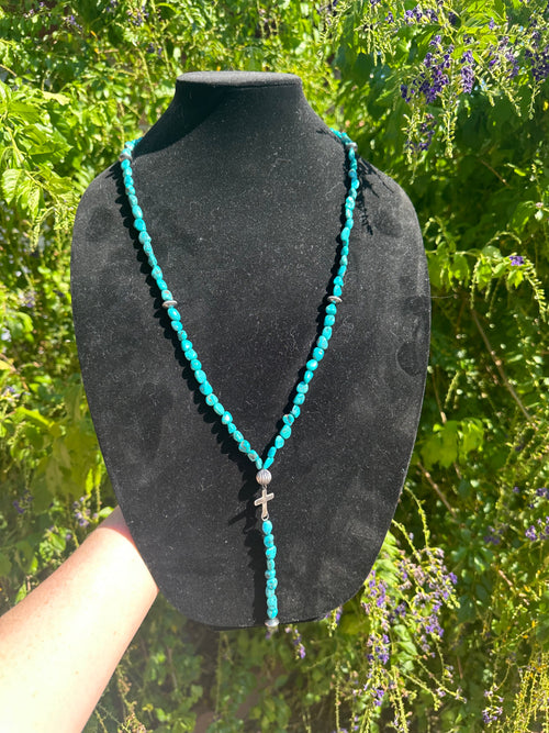 Nizhoni’s Handmade Sterling Silver Turquoise Beaded Lariat Cross Necklace