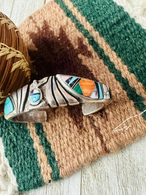 Old Pawn Navajo Multi Stone & Sterling Silver Inlay Cuff Bracelet