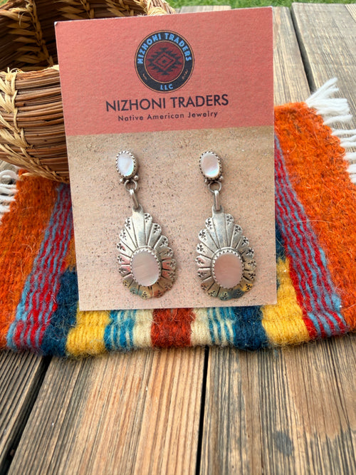 Handcrafted Old Pawn Sterling Silver & Mother of Pearl Dangle Earrings